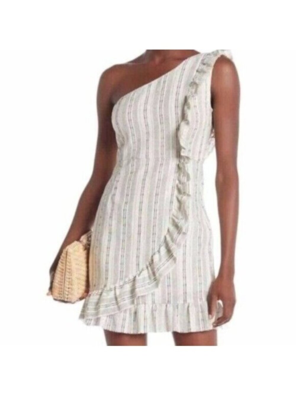 Line + Dot  One-Shoulder Striped Ruffled Mini Dress White Size Small
